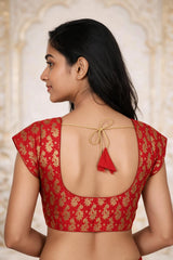 Red V-Neck Readymade Padded Blouse with Floral Weaving Pattern, Short Sleeves, Back Knot for Saree Choli