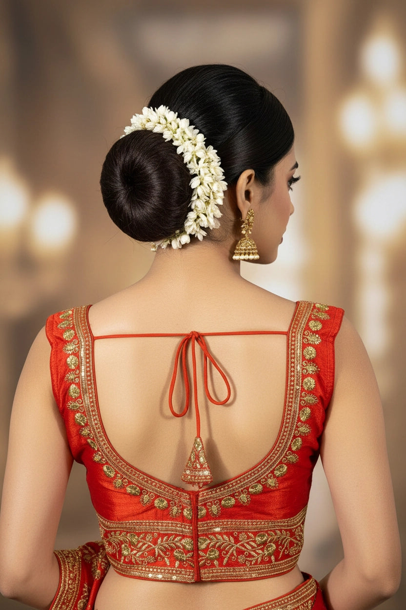 Red Designer Padded Saree Blouse with Gold Thread Embroidery, Sequins Finish, Back Knot, Sleeveless