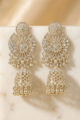 Traditional Oxidized Gold-Tone Jhumka Earrings with Floral Stud & Iridescent Stones (Sandal)
