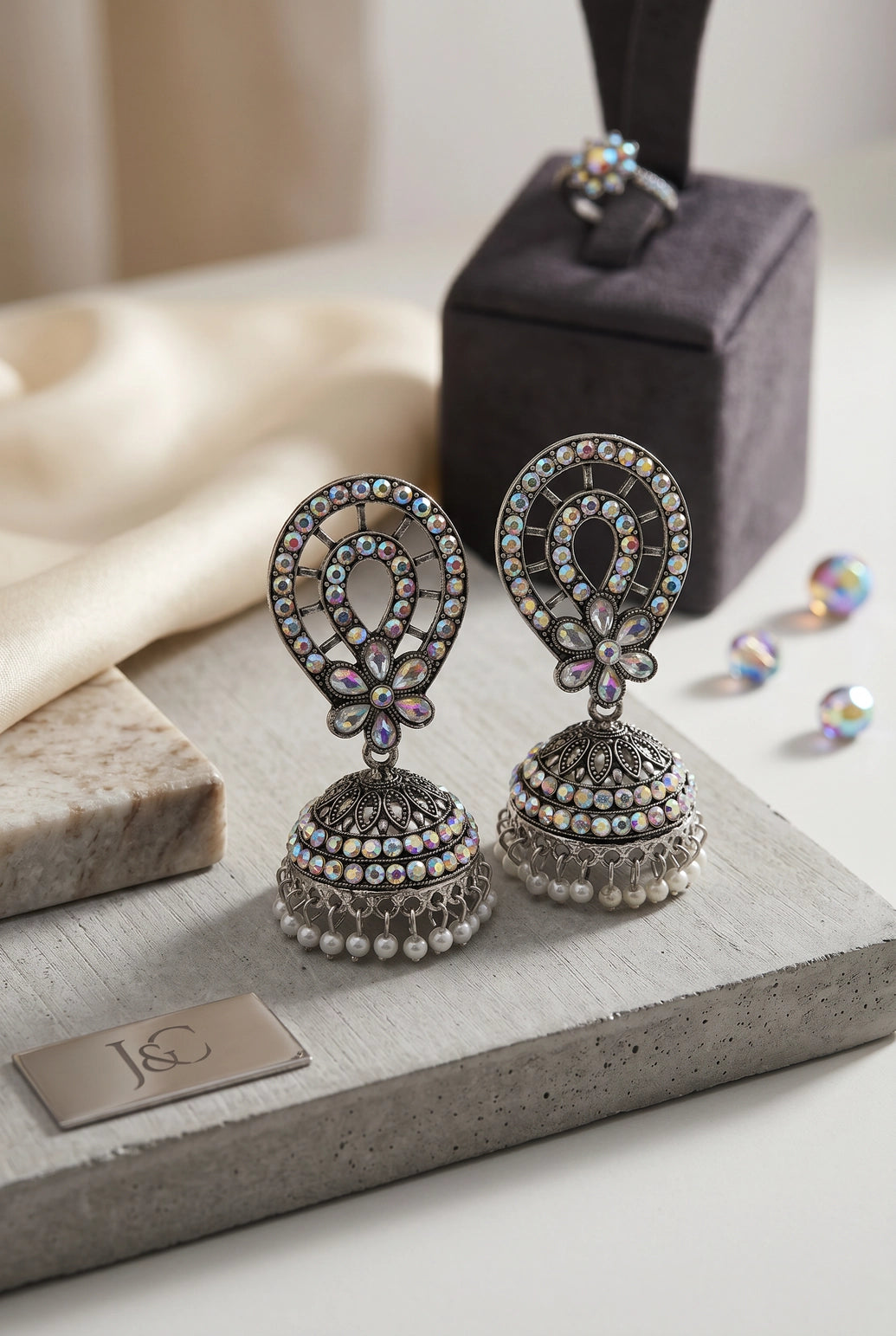Oxidized Black Silver Jhumka Earrings with Multicolor Stone & Pearl Drop, Teardrop Floral Design for Women