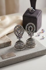 Oxidized Black Silver Jhumka Earrings with Multicolor Stone & Pearl Drop, Teardrop Floral Design for Women