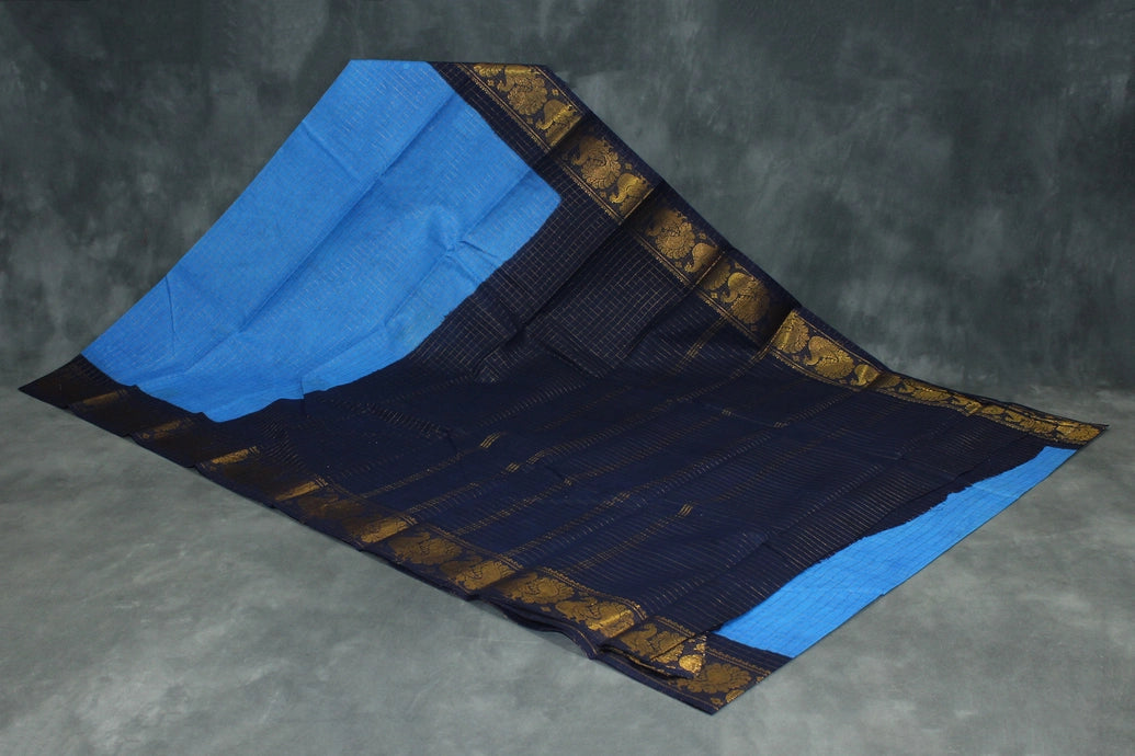 Blue Sungudi Cotton Checked Saree with Peacock Gold Zari Double Border, Unstitched Blouse Saree JCS Fashions