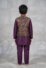 Boys Wine Koti Kurta Set (3-Piece) with Nehru-Style Waistcoat, Matching Pants & Brooch
