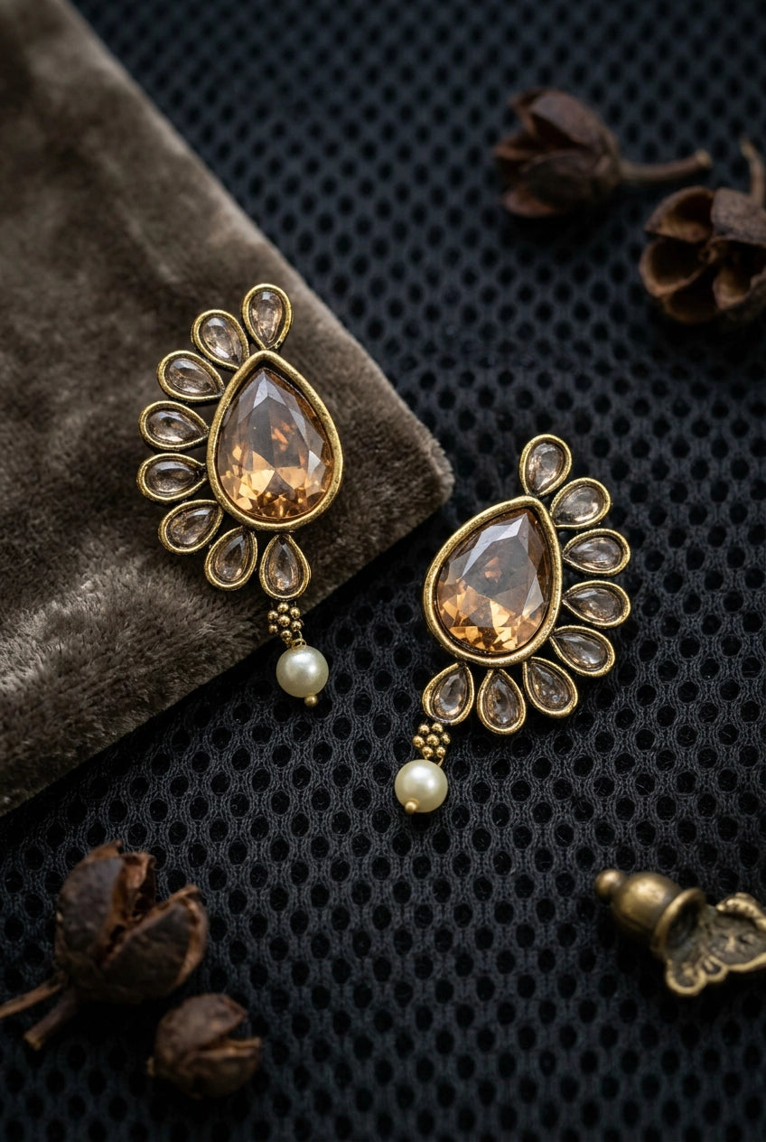 Gold-Tone Teardrop Statement Earrings with Pearl Drops, Antique Bead Detail, Amber-Citrine Center Stone for Festive Wear