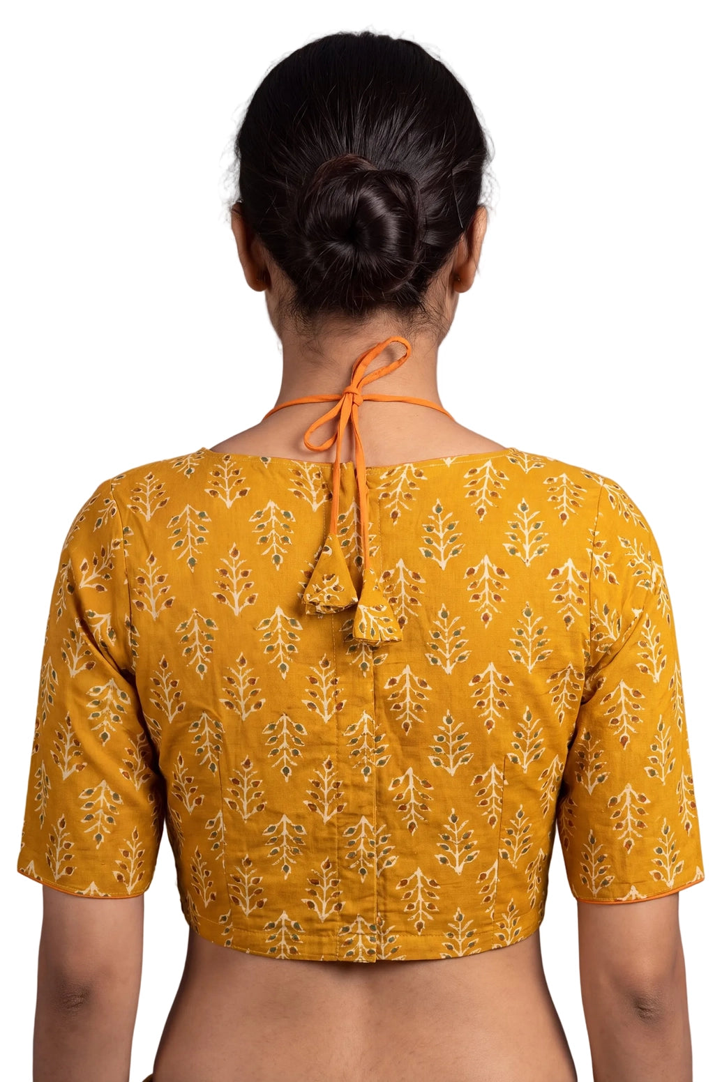 Yellow Floral Print Padded Cotton Blouse with Leaf Motifs, Elbow Sleeve and Back Knot Tie