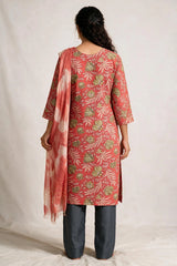 Magenta Floral Cotton Kurti Pant Set with Matching Dupatta - Round Neck Button Placket 3-Piece Suit