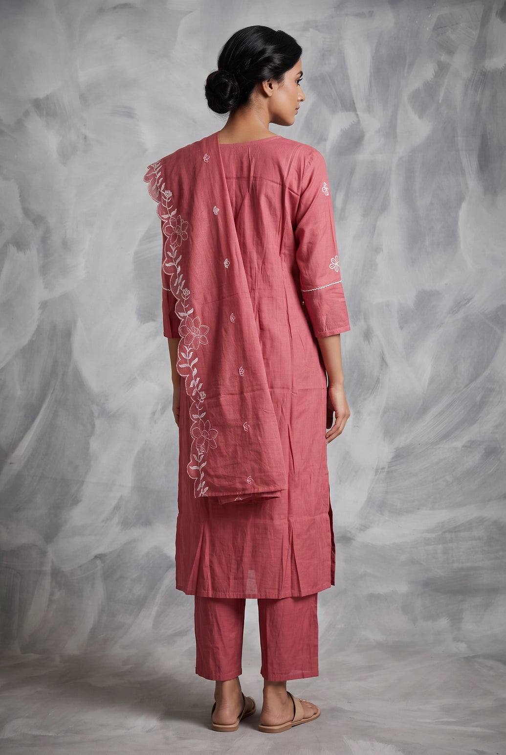 Onion Pink Roman Silk Kurti Set with Floral Embroidery, V-Neck, Pant & Matching Dupatta