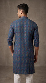 Men’s Blue Cotton Kurta with Multicolor Embroidery and Gold Sequins (Pareek) - Traditional Ethnic Wear