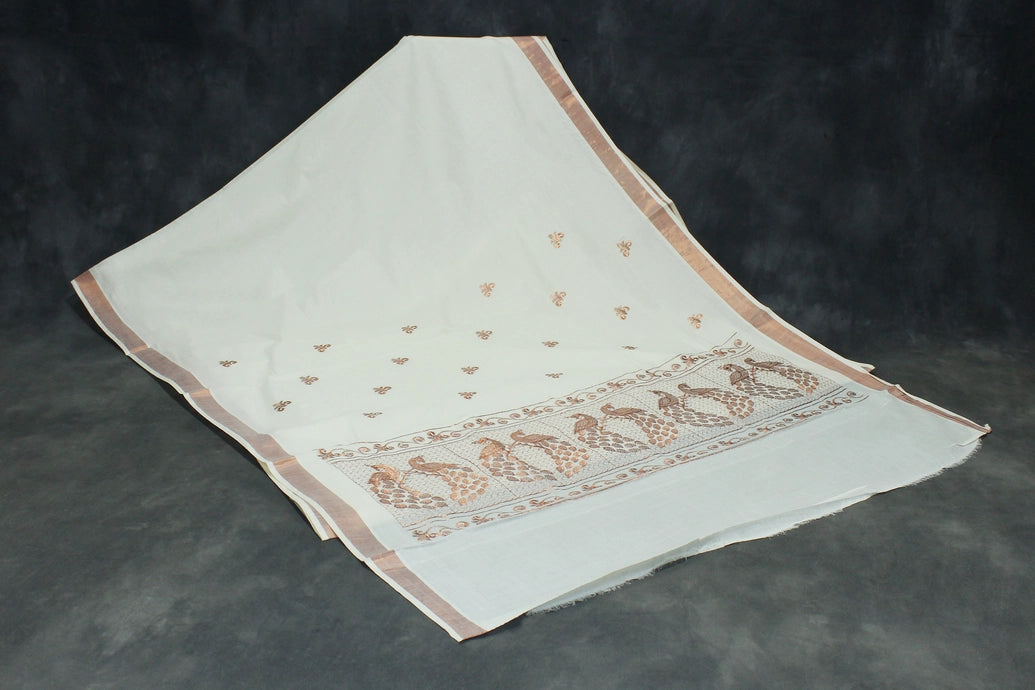 Pure Kerala Cotton Saree with Copper Zari Peacock Embroidery - White