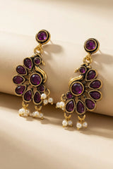 Purple Stone Antique Gold-Tone Floral Dangling Earrings with Pearl Drops for Traditional Wear