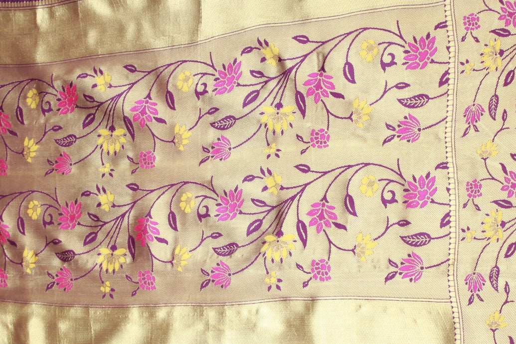 Purple Paithani Silk Saree with Floral Buti Pallu and Design Border, Includes Blouse