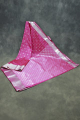 Magenta Pink Bridal Vaira Oosi Saree with Silver Zari Border and Matching Blouse, Soft Silk