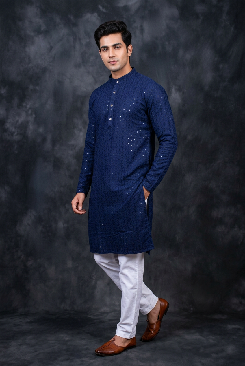 Navy Men's Lakhnavi Kurta: Embroidered Ethnic