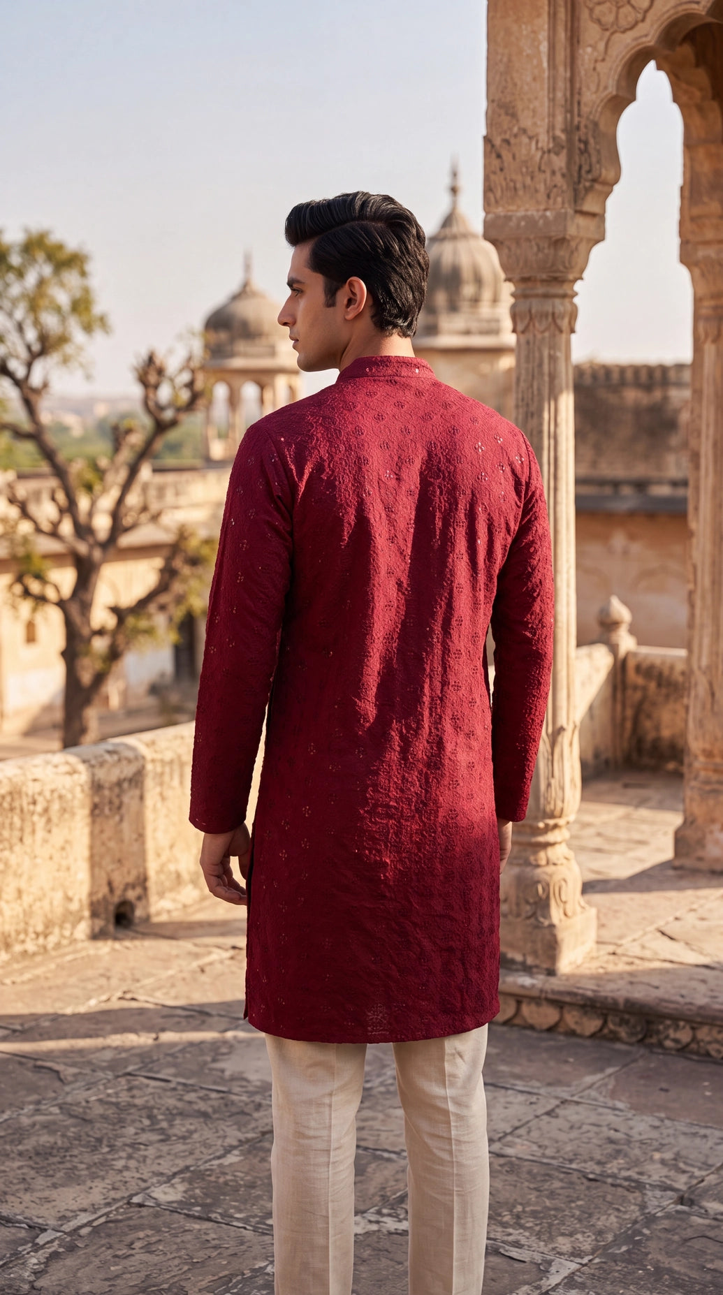 Men's Maroon Lakhnavi Kurta with Sequined Texture and Band Collar for Festive Wear
