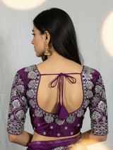 Purple Designer Padded Readymade Blouse with Zari Floral-Paisley Motifs, Elbow Sleeve and Back Knot