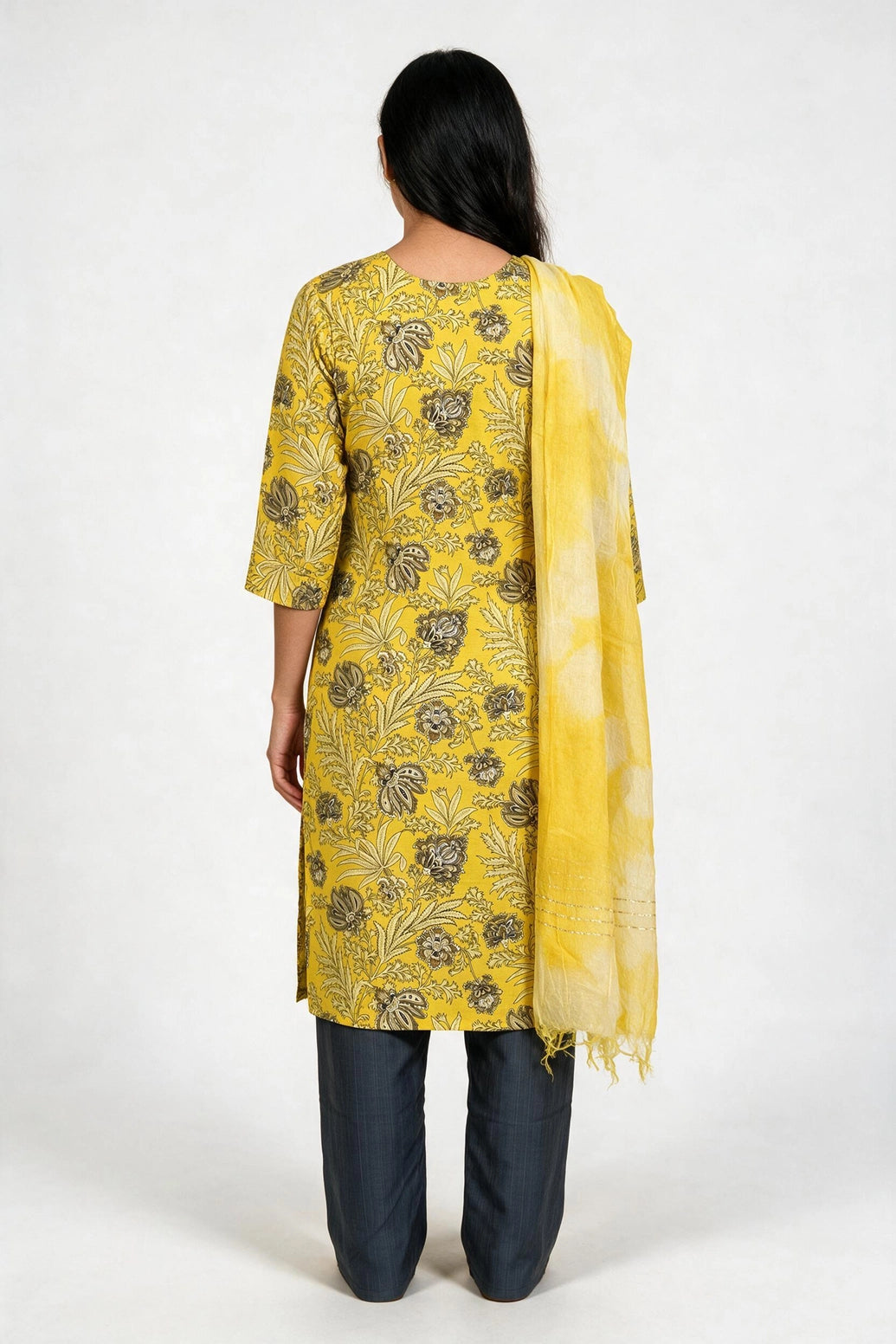 Yellow Cotton Floral 3-Piece Kurti Set with Elastic Pant and Matching Dupatta
