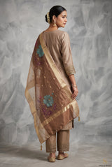 Beige Roman Silk 3-Piece Kurti Set with Elastic Pant and Embroidered Sequence Dupatta