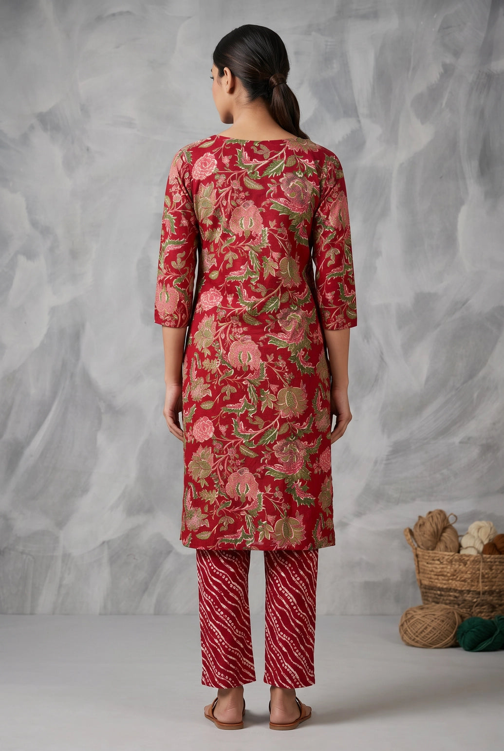 Maroon Rayon Floral Kurti with Printed Pant 2-Piece Set | Round Neck Front Button Design