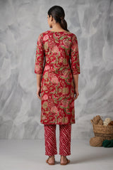 Maroon Rayon Floral Kurti with Printed Pant 2-Piece Set | Round Neck Front Button Design