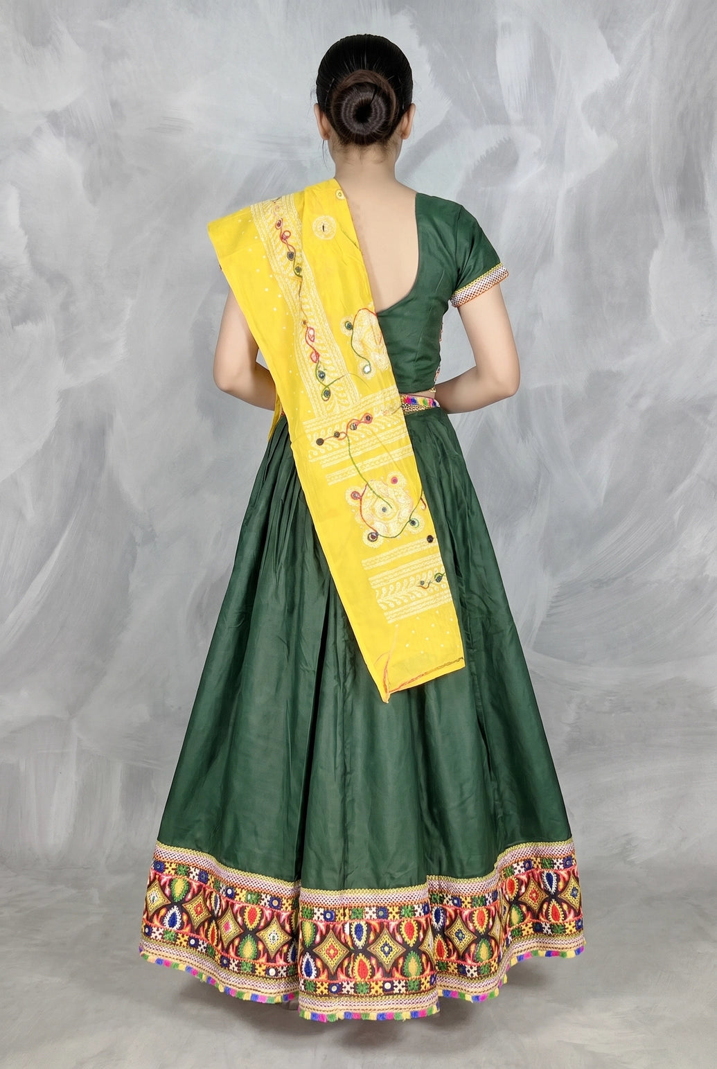 Green Navratri Designer Chaniya Choli with Kutchi Mirror Work Choli & Flared Lehenga Skirt for Partywear