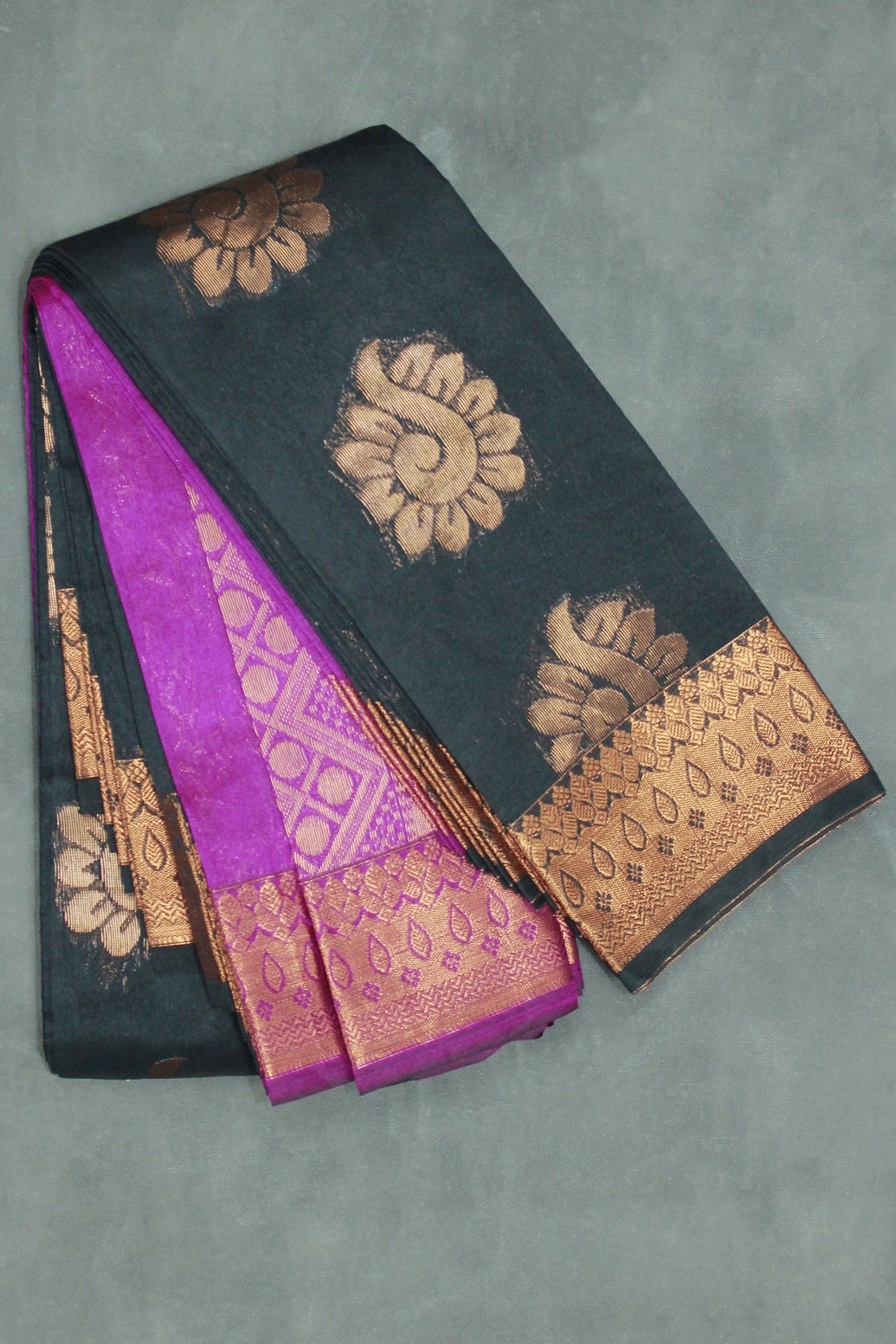 Black Silk Cotton Saree with Zari Floral Border and Blouse Piece, Traditional Wedding Festive Wear