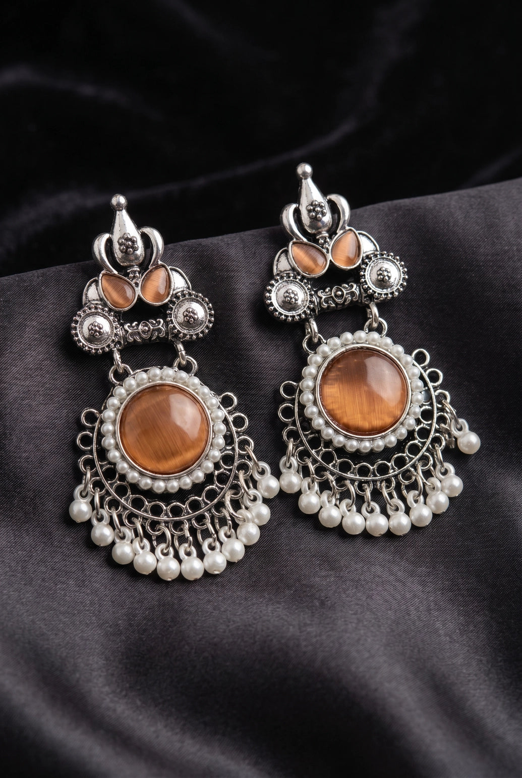 Peach Stone & Pearl Drop Oxidized Silver-Tone Earrings for Women, Teardrop Floral Chandbali Style