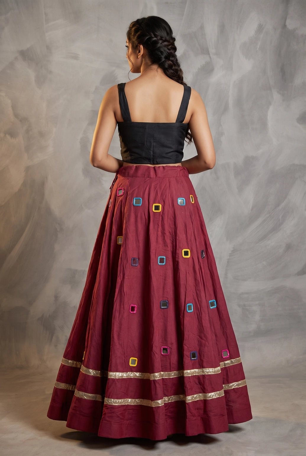 Designer Maroon Navratri Chaniya Choli with Round Mirror Work Choli & Embroidered Border Plain Skirt