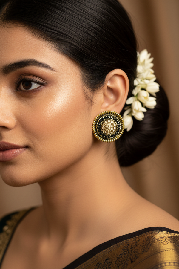 Black & Gold Spiral Stud Earrings – 0.5" Round Ethnic