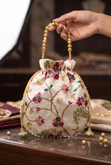 Cream Floral Embroidered Potli Pouch with Drawstring and Pearl Bead Trim for Wedding & Festive Gifting