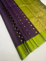 Dark Purple Soft Silk Saree with Kommai Butta and Contrast Green Border for Traditional Wear