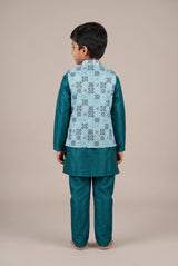 Boys Aqua Blue Koti Kurta Set (3-Piece) with Printed Sleeveless Koti & Matching Pants