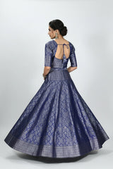 Royal Blue Brocade Silk Lehenga with Silver Zari Floral Weave and Matching Designer Blouse