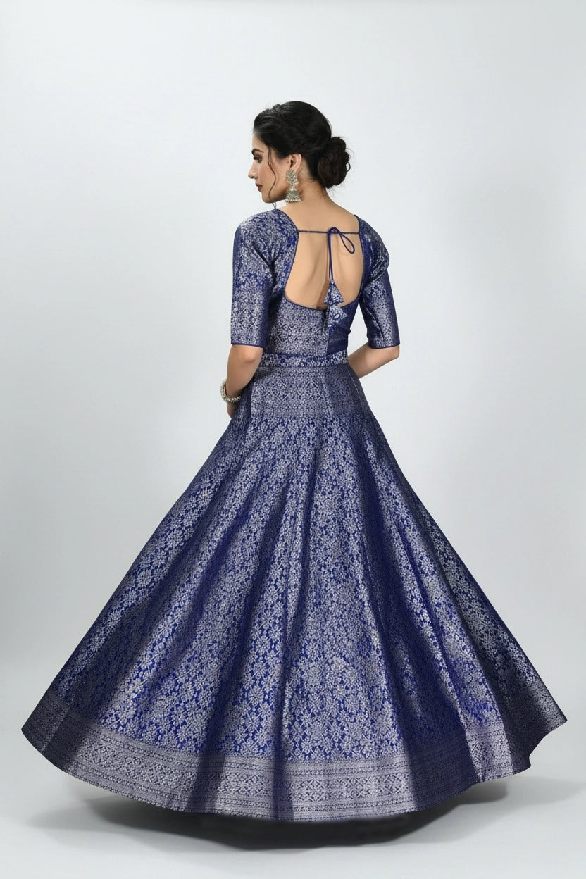 Royal Blue Brocade Silk Lehenga with Silver Zari Floral Weave and Matching Designer Blouse