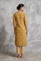 Mustard Yellow Rayon 2-Piece Kurti Set with Printed Elastic Pant, Round Neck 3/4 Sleeves