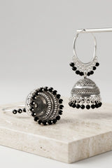 Black Silver Oxidized Jhumka Hoop Earrings with Black Beads, Bali Style Round Hoop for Traditional Wear
