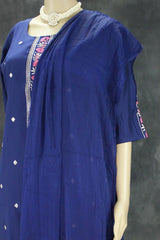Navy Blue Cotton 3-Piece Kurta Set with Embroidered Details, Chiffon Dupatta & Elastic Pant