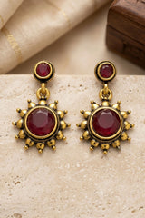 Maroon Stone Gold-Tone Drop Earrings with Sunflower Antique Finish for Traditional Ethnic Wear