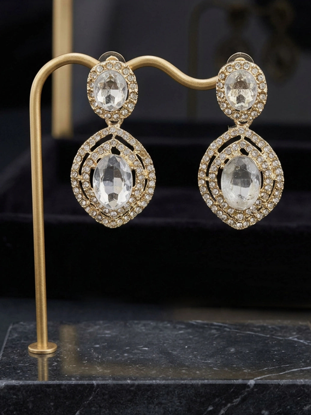 White Oval Stone Drop Earrings with Halo Rhinestone Studs and Dangling Teardrop