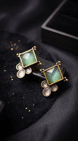 Mint Green Square Stone Stud Earrings with Gold-Tone Frame and Crystal Accents for Ethnic Wear