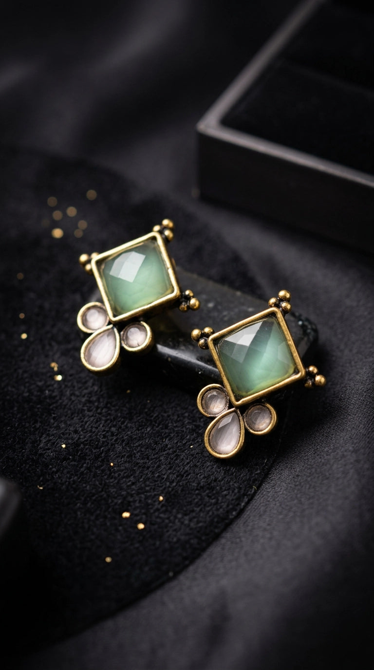 Mint Green Square Stone Stud Earrings with Gold-Tone Frame and Crystal Accents for Ethnic Wear