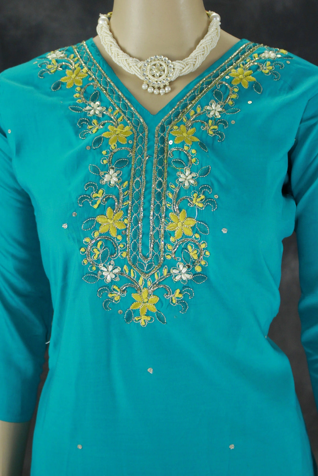 Teal Blue Roman Silk 3-Piece Kurta Set with Embroidered V-Neck and Dupatta