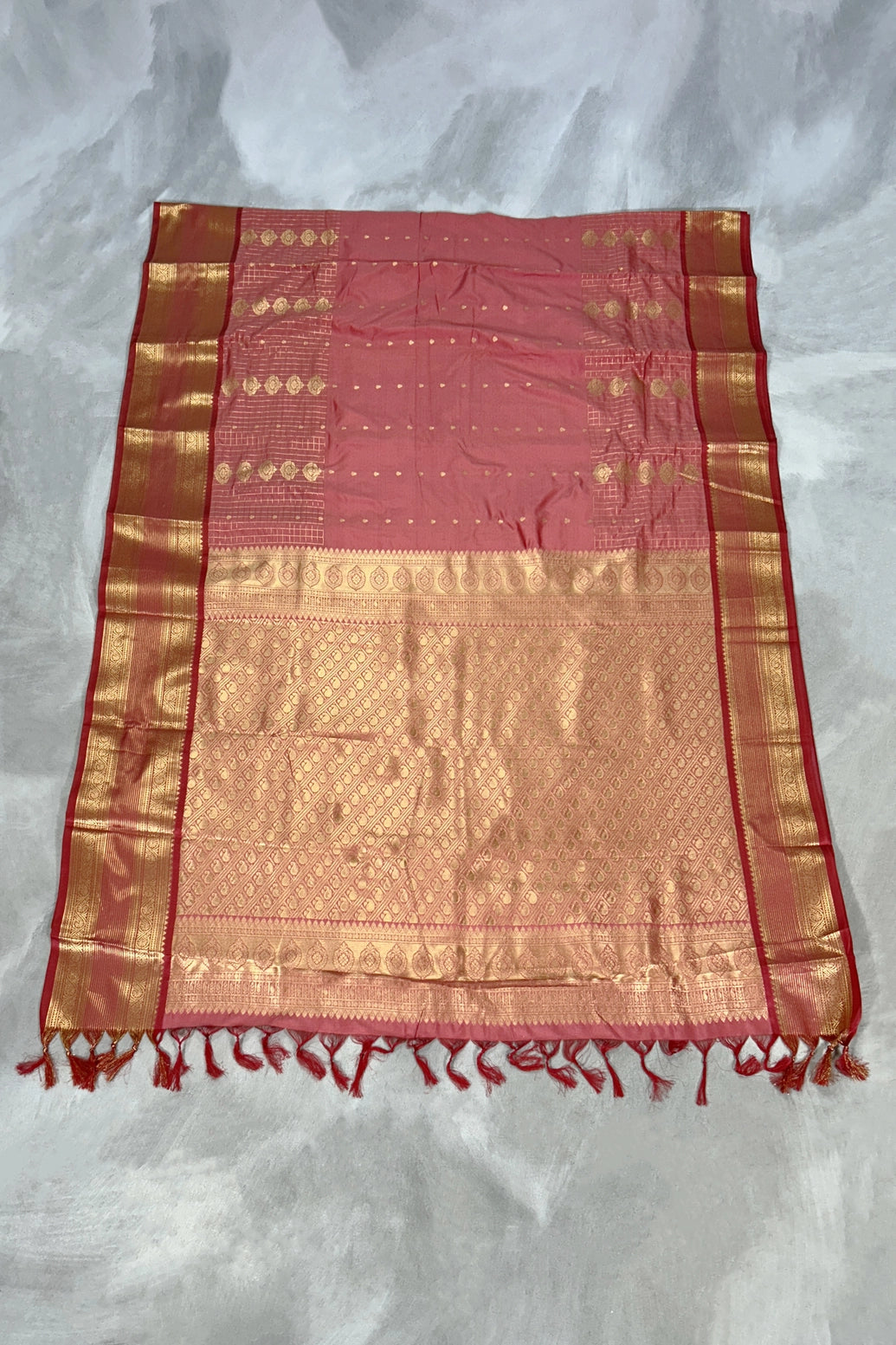 Peach Pure Silk Saree with Heavy Pallu and Gold Border, Silk Mark Certificate, with Blouse Piece