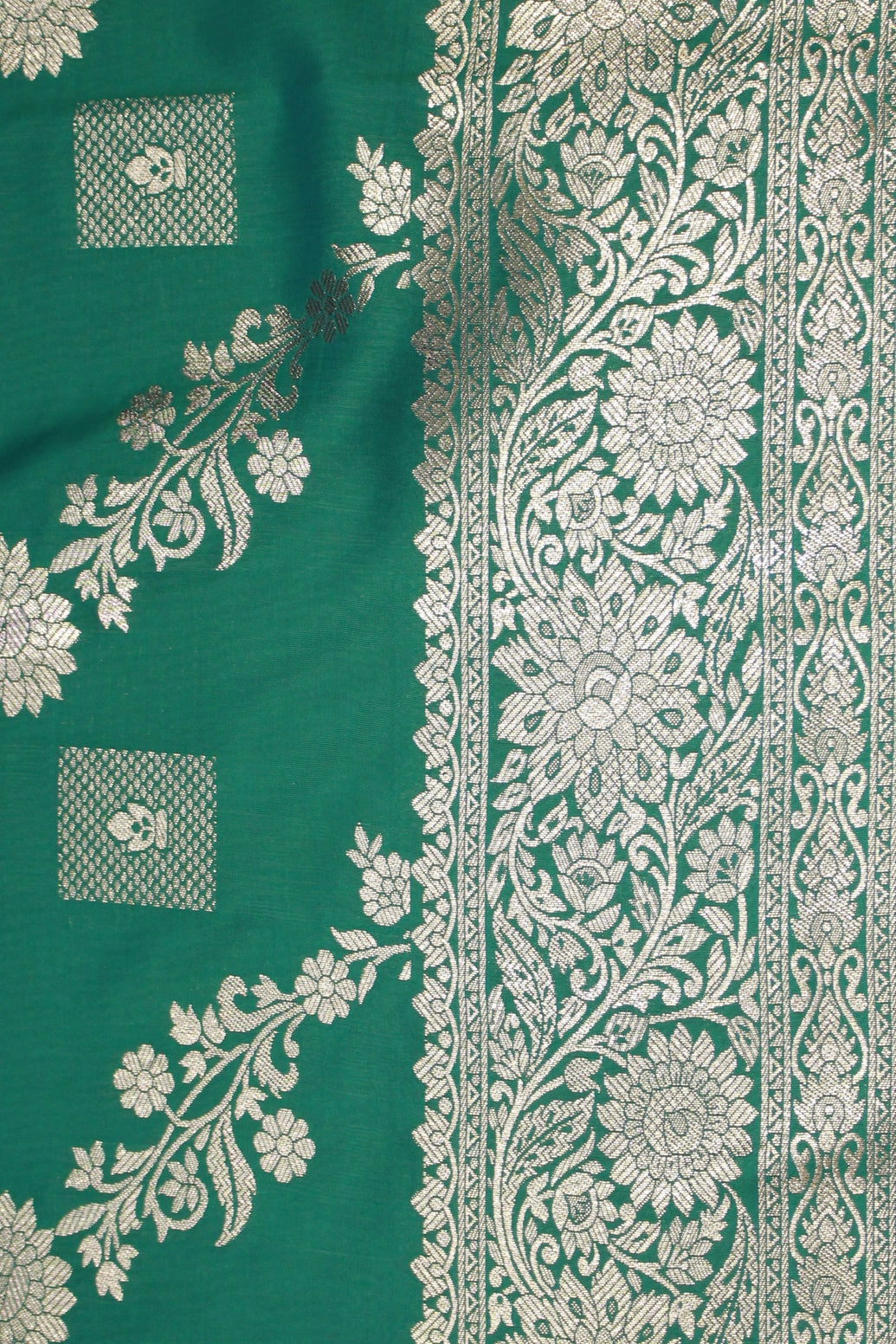 Green Banarasi Silk Saree with Zari Floral Motifs and Rich Contrast Border, Tassels, Comes with Blouse