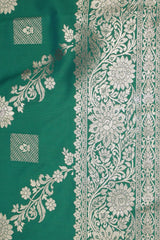 Green Banarasi Silk Saree with Zari Floral Motifs and Rich Contrast Border, Tassels, Comes with Blouse