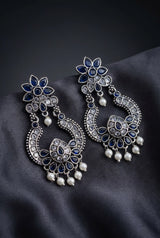 Dark Blue Oxidized Silver Floral Teardrop Stone Pearl Drop Fashion Earrings