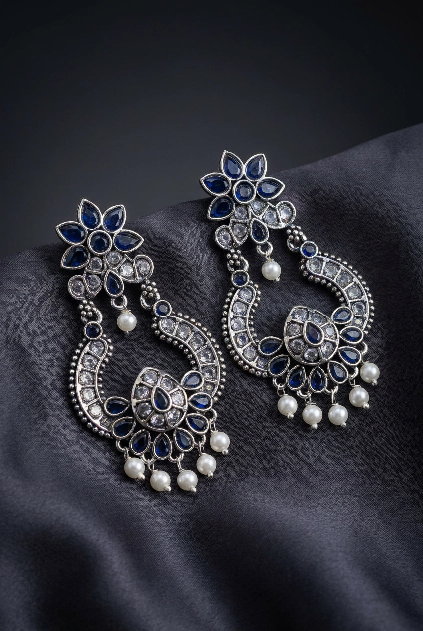 Dark Blue Oxidized Silver Floral Teardrop Stone Pearl Drop Fashion Earrings