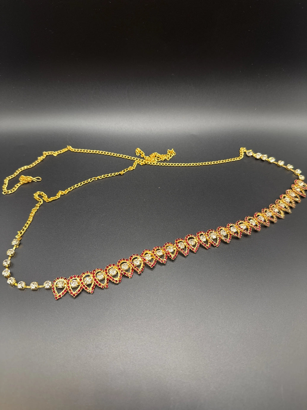 Gold-Tone Maroon Crystal Hip Chain with Clear Stones – Zigzag Teardrop Waist Belt Jewelry JCS Fashions