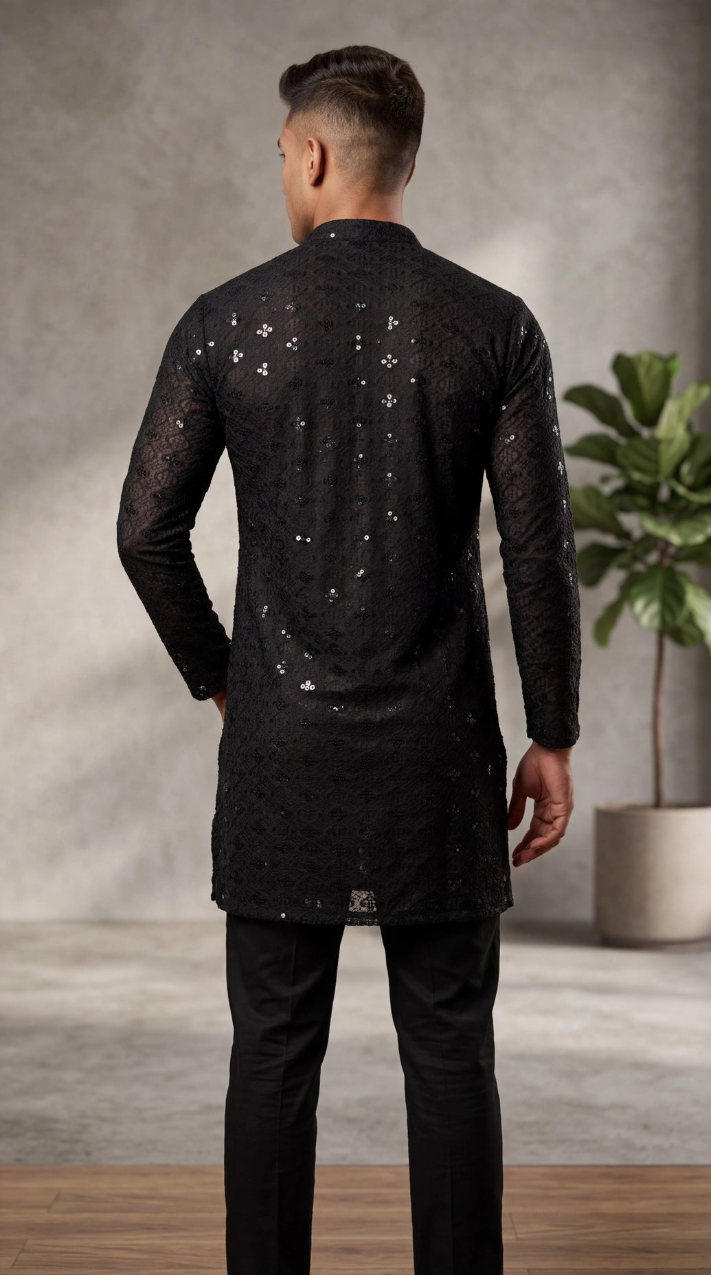 Black Lakhnavi Kurta for Men with Sequins Work, Mandarin Collar, Festive Party Wear