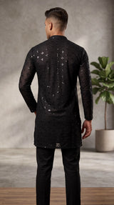 Black Lakhnavi Kurta for Men with Sequins Work, Mandarin Collar, Festive Party Wear