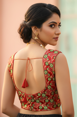 Red Readymade Designer Padded Blouse with Woven Circular Motifs and Zari Finish, Sleeveless Back Knot, Size 38